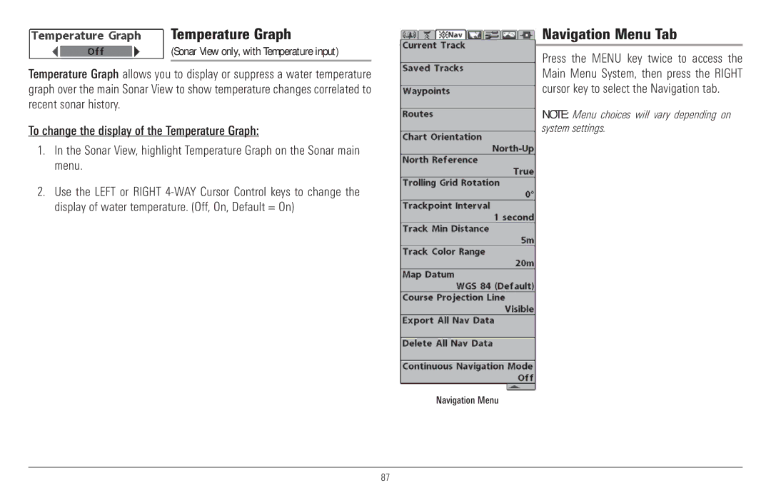 Humminbird 917C, 957C manual Temperature Graph, Navigation Menu Tab 