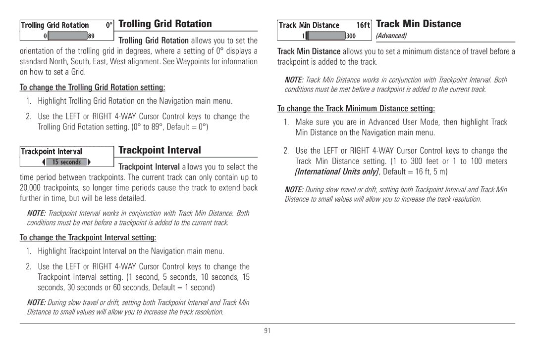 Humminbird 917C, 957C manual Trolling Grid Rotation, Trackpoint Interval, Track Min Distance 