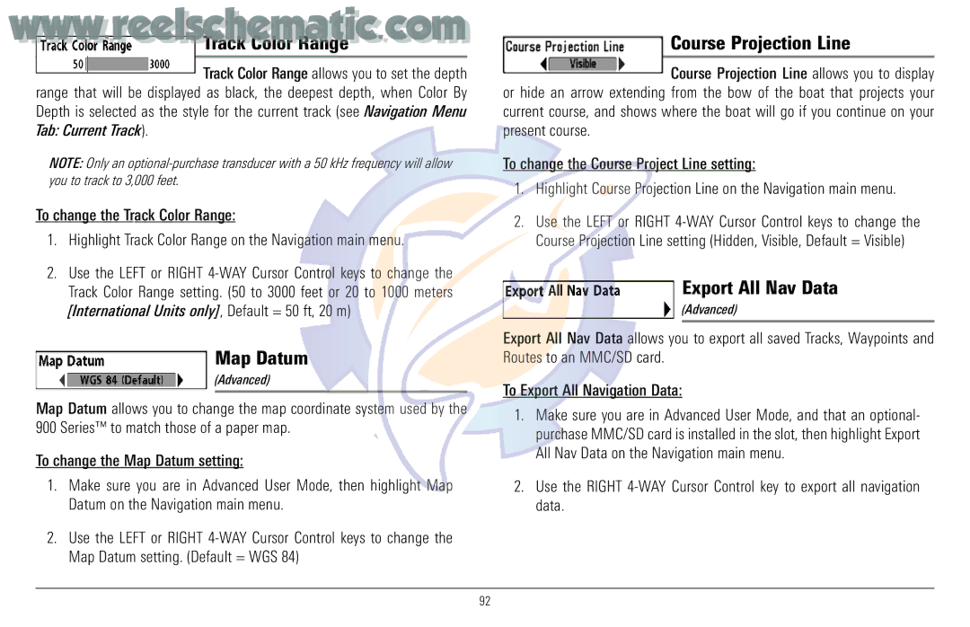 Humminbird 957C manual Track Color Range, Map Datum, Course Projection Line, Export All Nav Data 