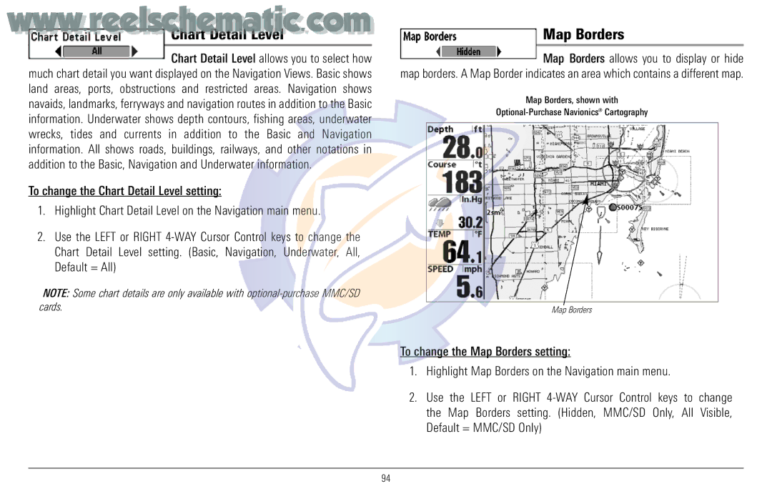 Humminbird 957C manual Chart Detail Level, Map Borders 