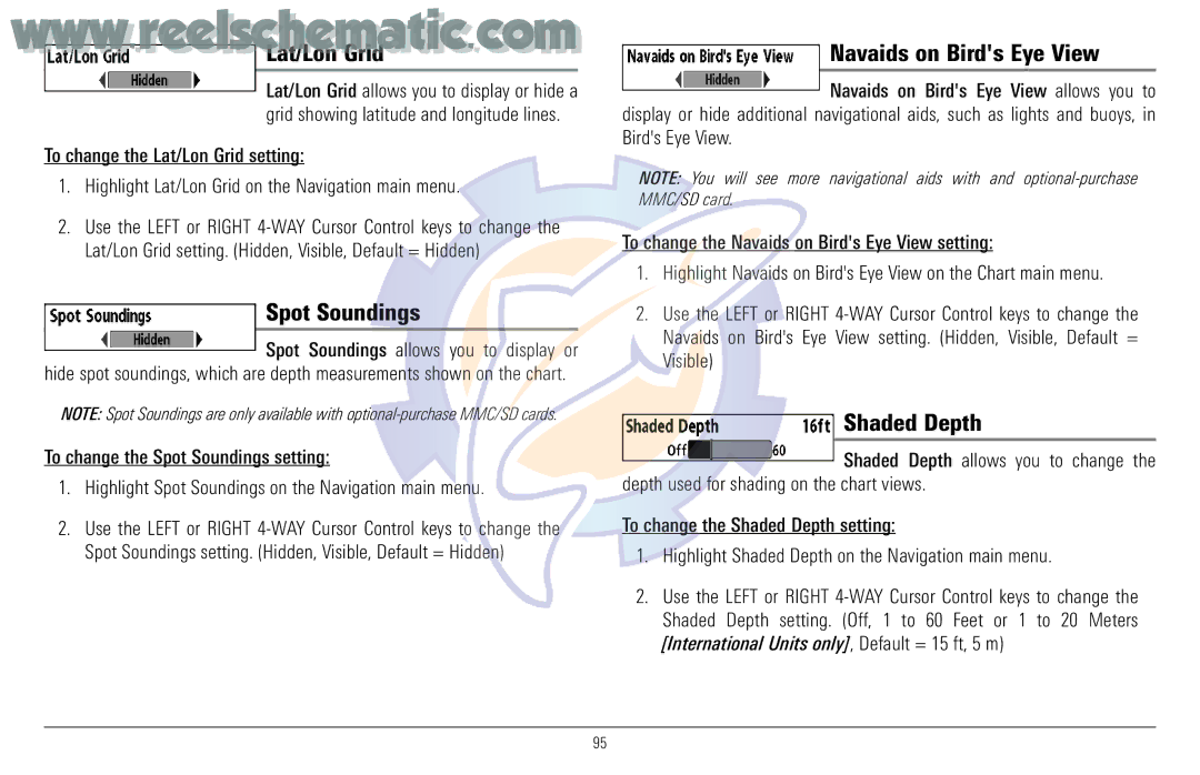Humminbird 957C manual Lat/Lon Grid, Spot Soundings, Navaids on Birds Eye View, Shaded Depth 