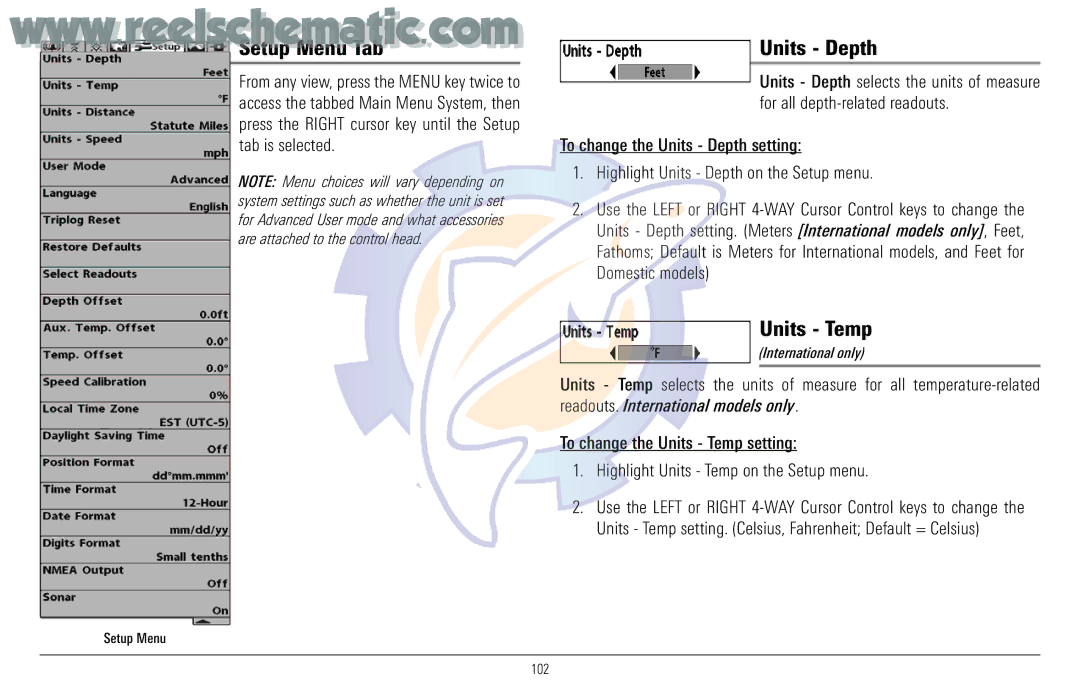 Humminbird 957C manual Setup Menu Tab, Units Depth, Units Temp, International only 
