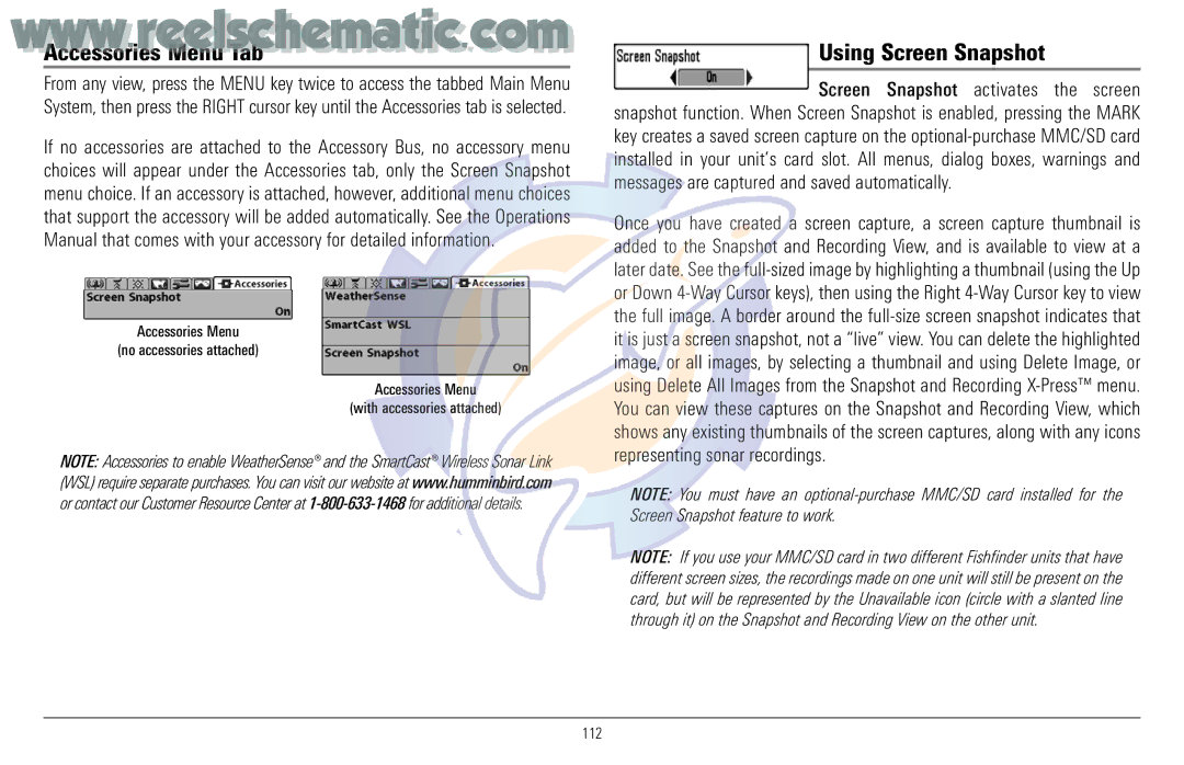 Humminbird 957C manual Accessories Menu Tab, Using Screen Snapshot 