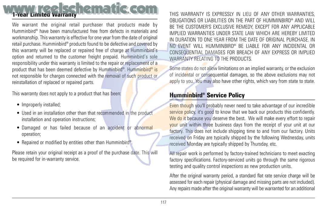 Humminbird 957C manual Year Limited Warranty, Humminbird Service Policy 