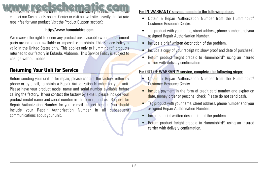 Humminbird 957C manual Returning Your Unit for Service 