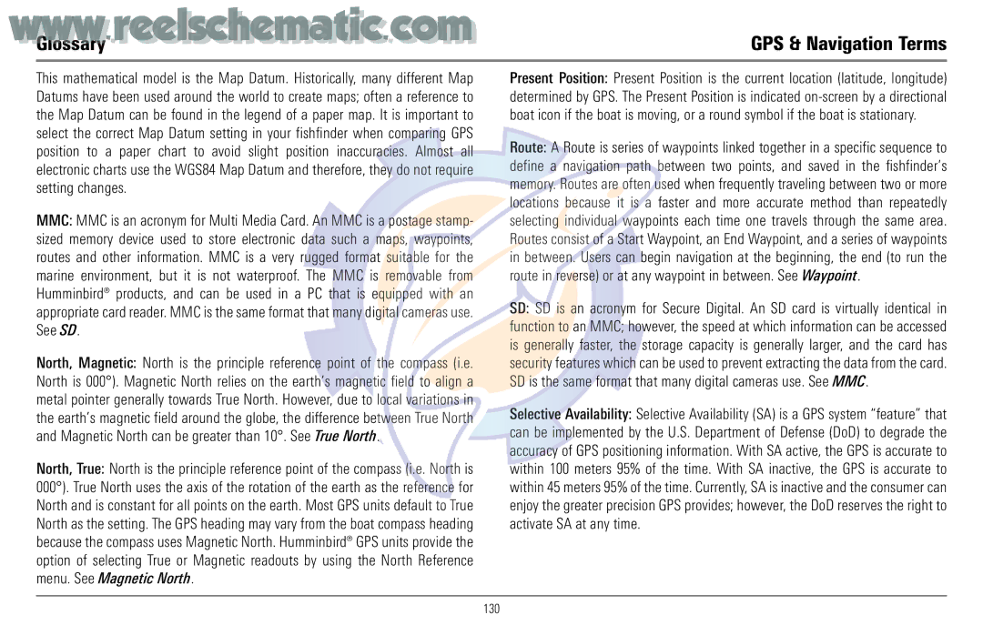 Humminbird 957C manual Glossary GPS & Navigation Terms 