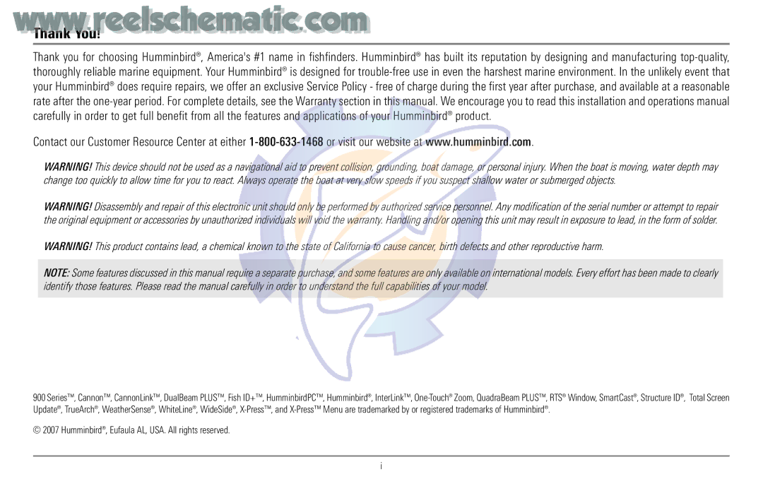 Humminbird 957C manual Thank You 