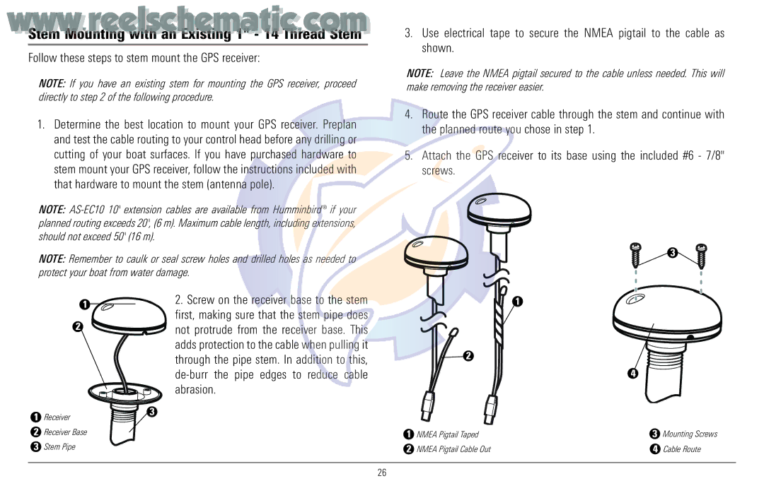 Humminbird 957C manual Stem Mounting with an Existing 1 14 Thread Stem, Follow these steps to stem mount the GPS receiver 