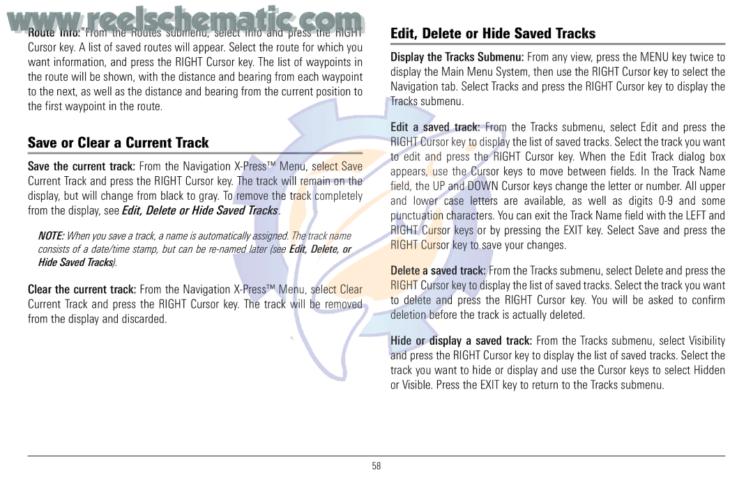 Humminbird 957C manual Save or Clear a Current Track, Edit, Delete or Hide Saved Tracks 