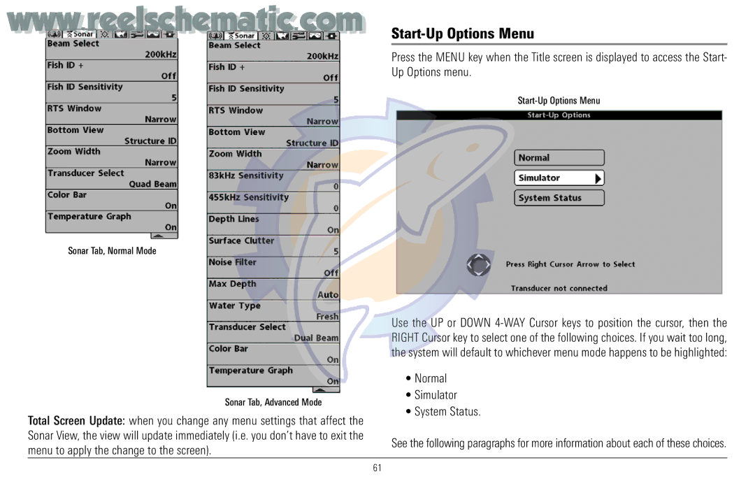 Humminbird 957C manual Start-Up Options Menu, Up Options menu, Normal Simulator System Status 