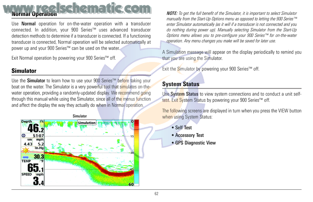 Humminbird 957C manual Normal Operation, Simulator, System Status, Exit Normal operation by powering your 900 Series off 