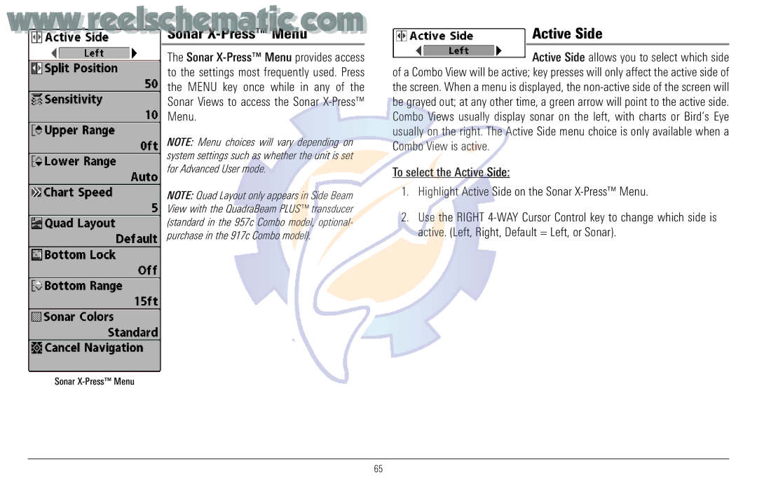 Humminbird 957C manual Sonar X-Press Menu, Active Side 