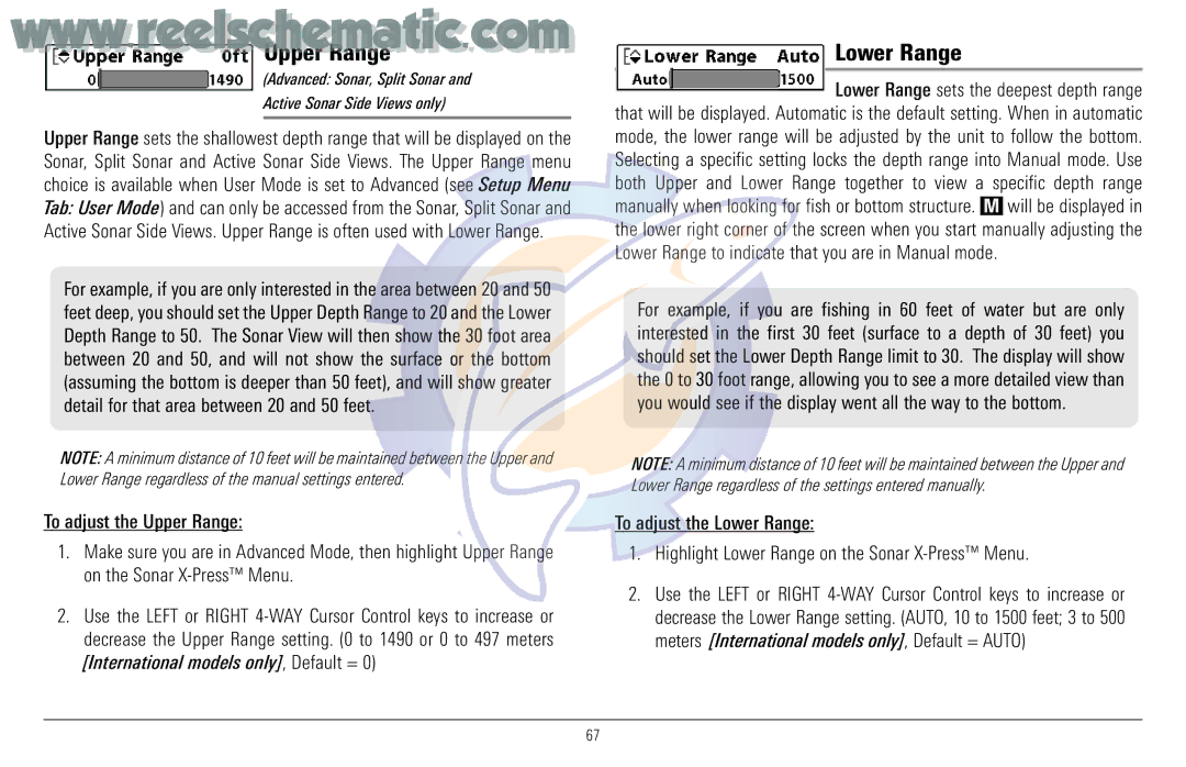 Humminbird 957C manual Upper Range, Lower Range, Advanced Sonar, Split Sonar Active Sonar Side Views only 