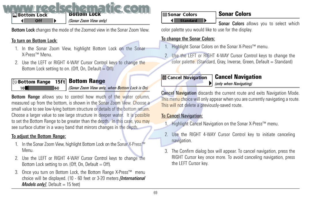 Humminbird 957C manual Bottom Lock, Bottom Range, Sonar Colors, Cancel Navigation 