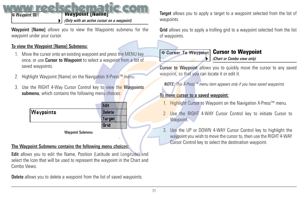 Humminbird 957C Waypoint Name, Cursor to Waypoint, Only with an active cursor on a waypoint, Chart or Combo view only 