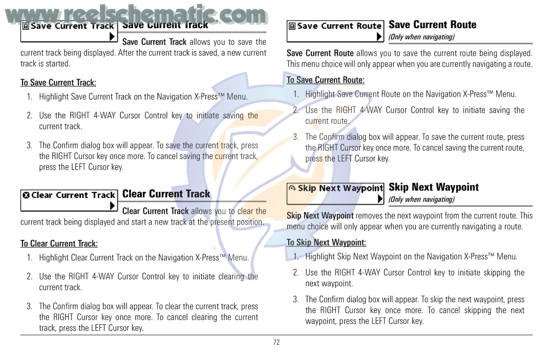 Humminbird 957C manual Save Current Track, Clear Current Track, Save Current Route, Skip Next Waypoint 
