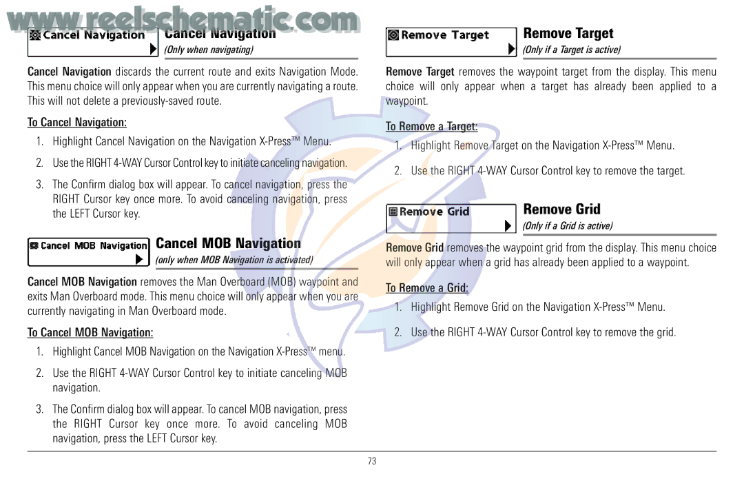 Humminbird 957C manual Remove Target, Remove Grid, To Cancel MOB Navigation 