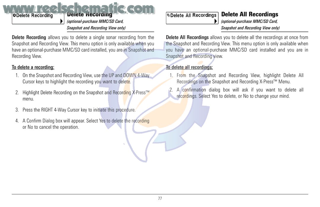 Humminbird 957C manual Delete Recording, Delete All Recordings 