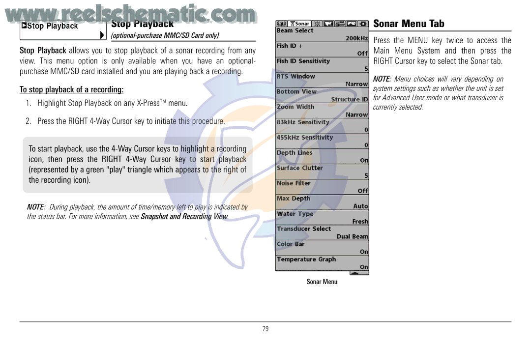 Humminbird 957C manual Stop Playback, Sonar Menu Tab 