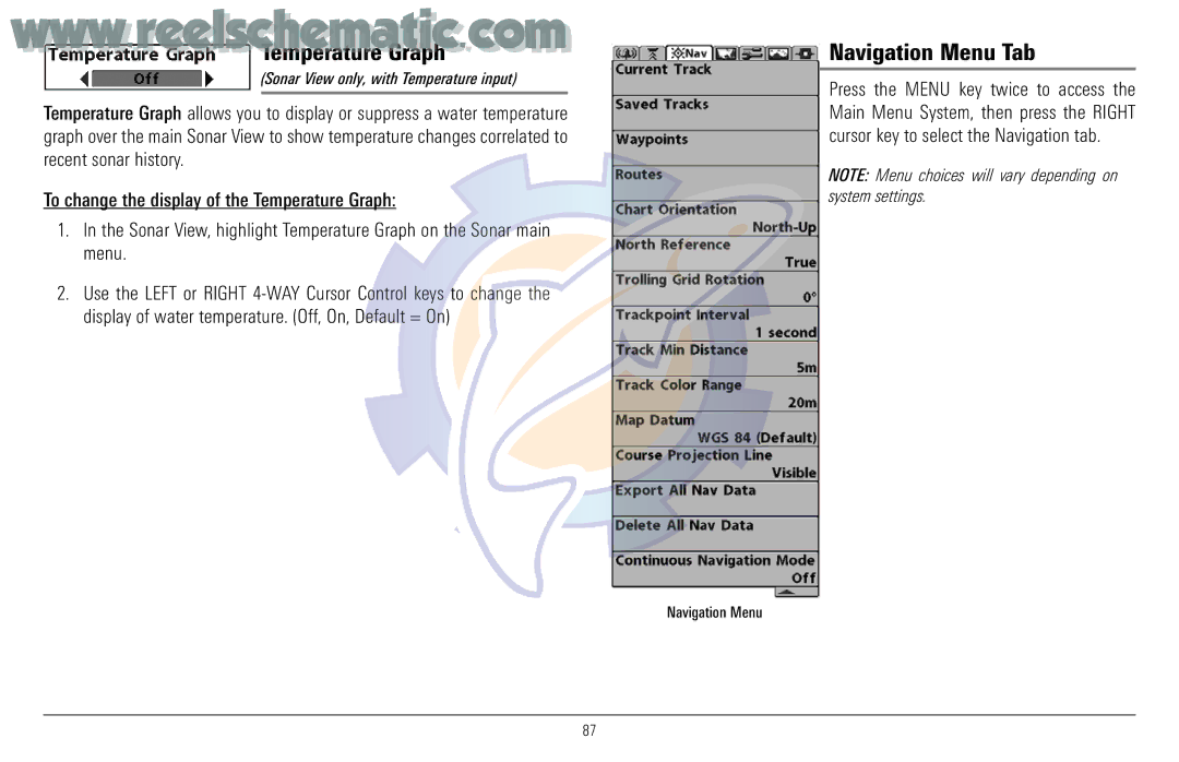 Humminbird 957C manual Temperature Graph, Navigation Menu Tab, Sonar View only, with Temperature input 