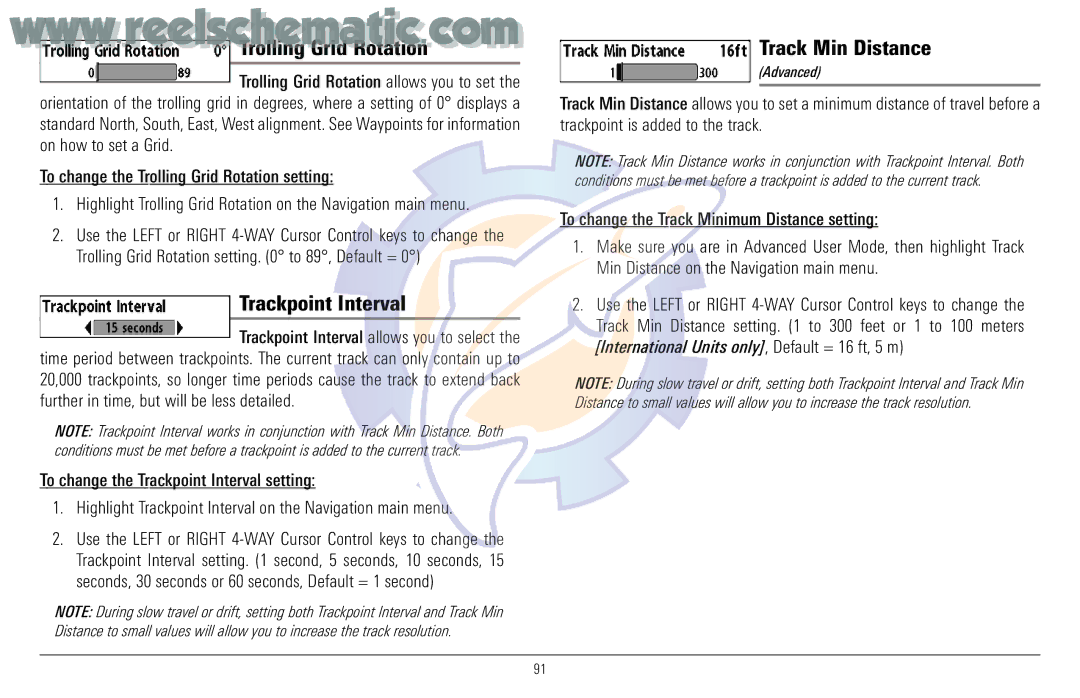 Humminbird 957C manual Trolling Grid Rotation, Trackpoint Interval, Track Min Distance 