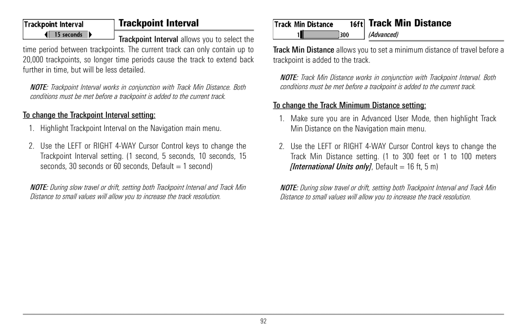 Humminbird 967C manual Trackpoint Interval, Track Min Distance 