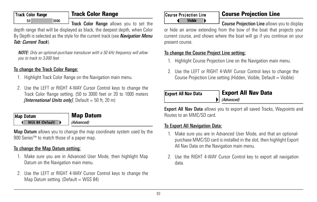 Humminbird 967C manual Track Color Range, Map Datum, Course Projection Line, Export All Nav Data 