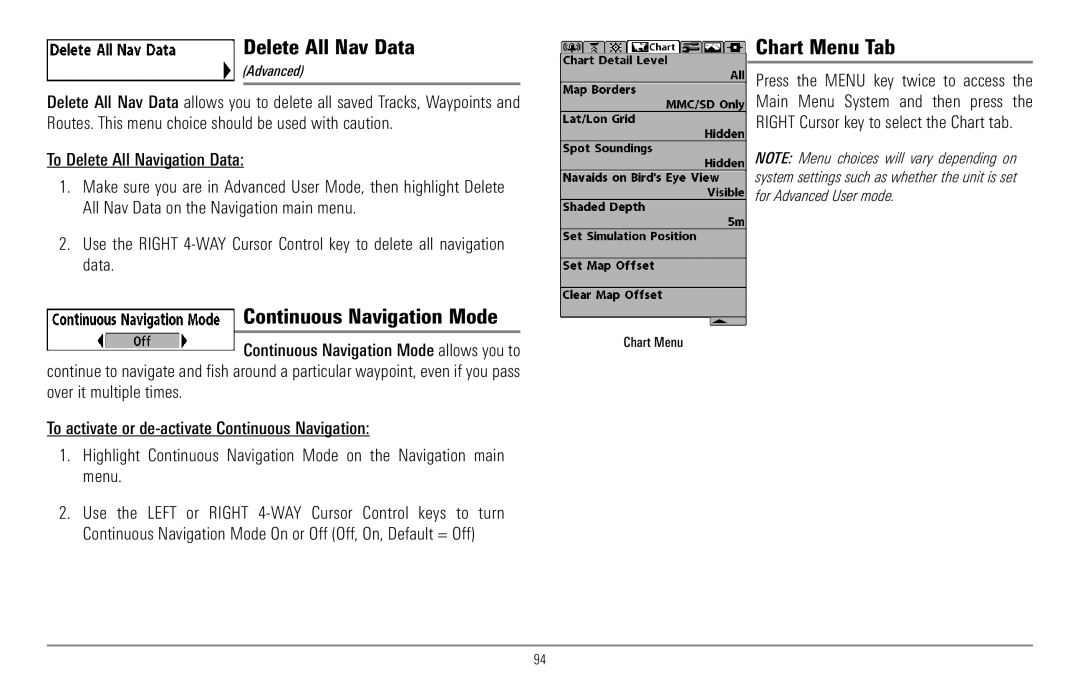 Humminbird 967C Delete All Nav Data, Chart Menu Tab, Continuous Navigation Mode allows you to, Over it multiple times 