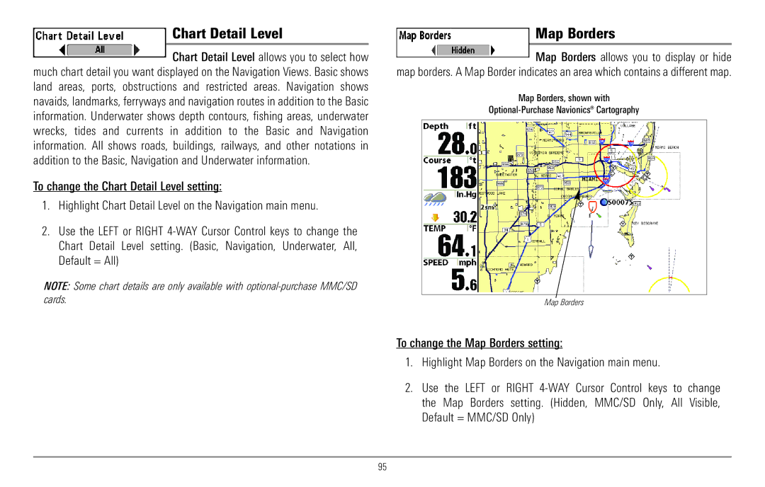 Humminbird 967C manual Chart Detail Level, Map Borders 