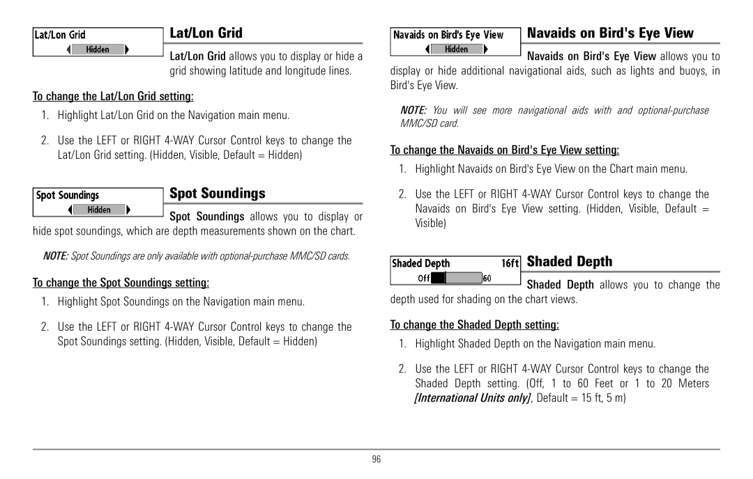 Humminbird 967C manual Lat/Lon Grid, Spot Soundings, Navaids on Birds Eye View, Shaded Depth 