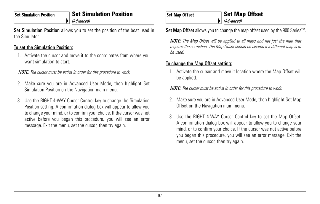 Humminbird 967C manual Set Simulation Position, Set Map Offset 