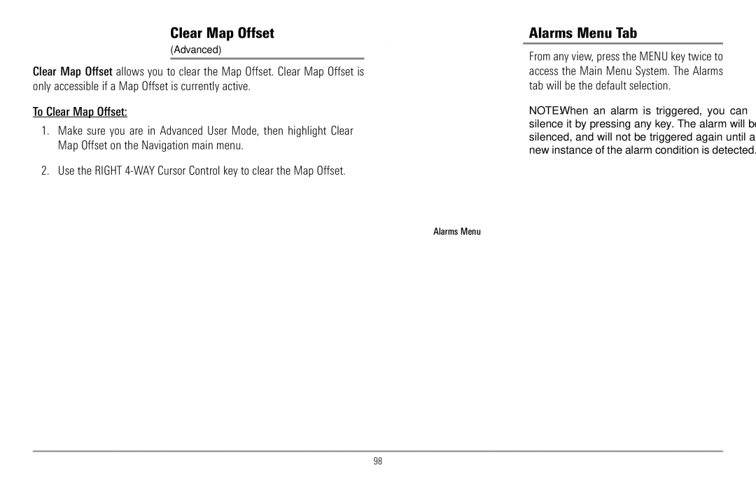 Humminbird 967C manual Clear Map Offset, Alarms Menu Tab 