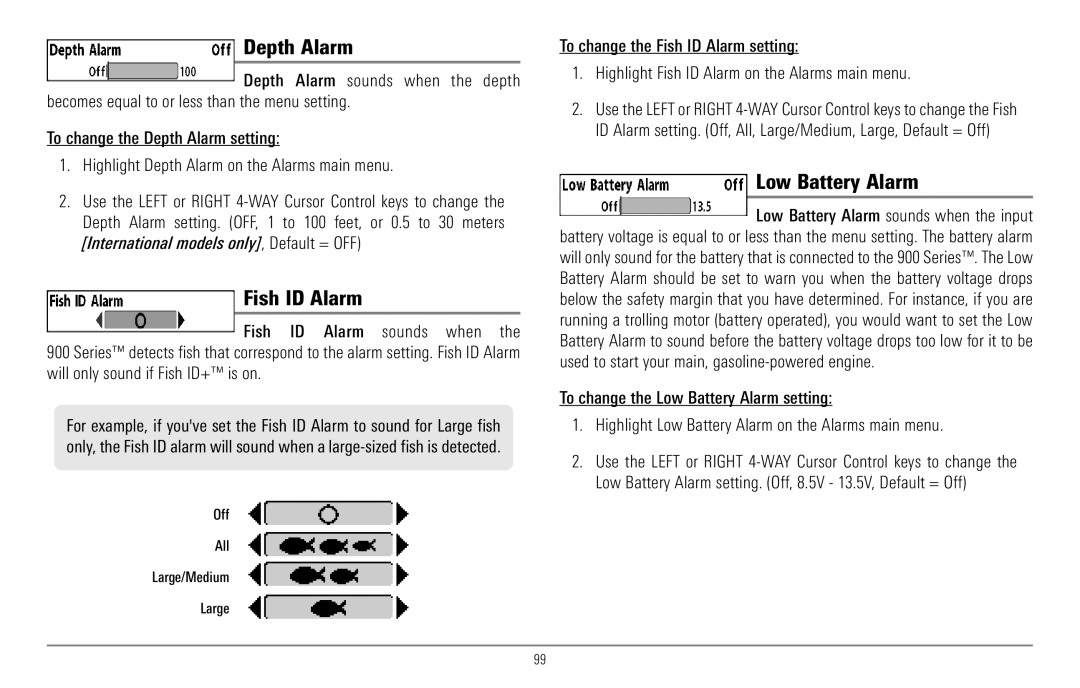 Humminbird 967C manual Depth Alarm, Fish ID Alarm, Low Battery Alarm 