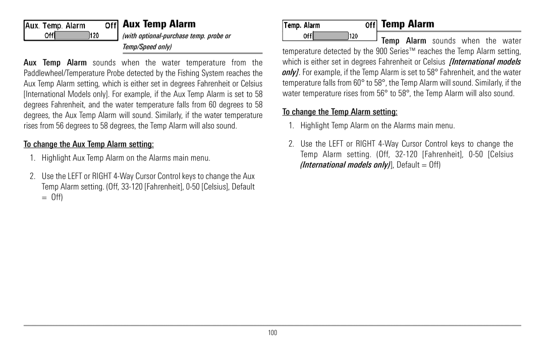 Humminbird 967C manual Aux Temp Alarm, With optional-purchase temp. probe or Temp/Speed only, 100 