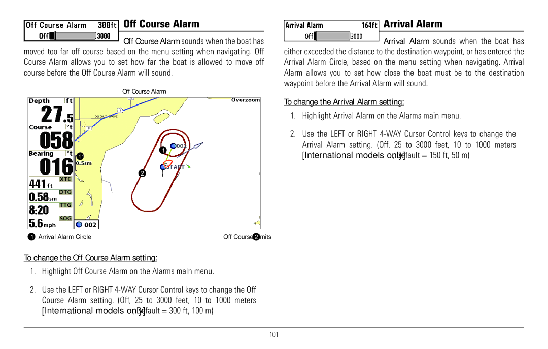 Humminbird 967C manual Off Course Alarm, Arrival Alarm 