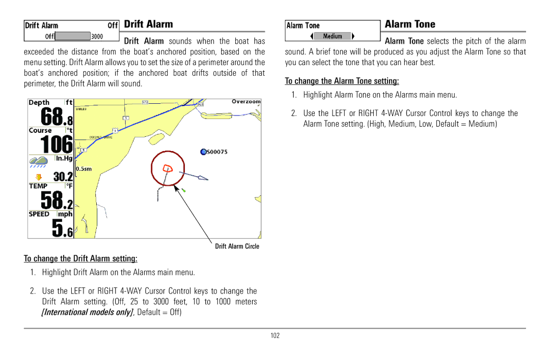 Humminbird 967C manual Alarm Tone, Drift Alarm Circle 