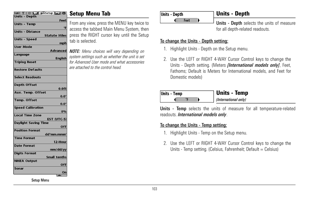 Humminbird 967C manual Setup Menu Tab, Units Depth, Units Temp, International only 