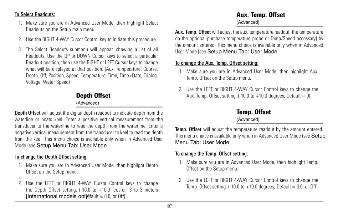 Humminbird 967C manual Depth Offset, Aux. Temp. Offset 