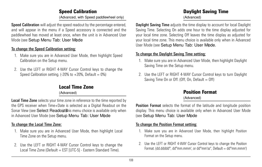 Humminbird 967C manual Speed Calibration, Local Time Zone, Daylight Saving Time, Position Format 