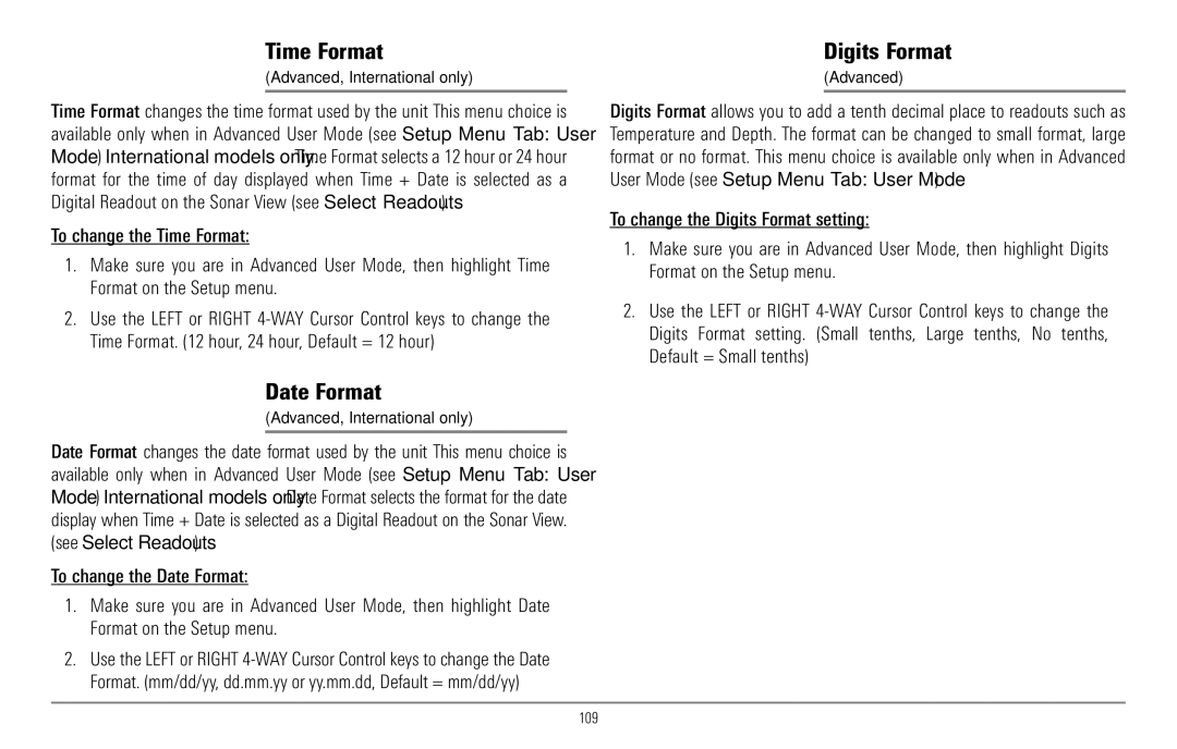 Humminbird 967C manual Time Format, Date Format, Digits Format, Advanced, International only, 109 