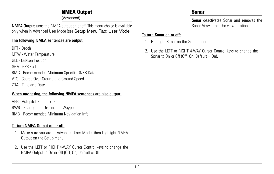 Humminbird 967C manual Nmea Output, Sonar, 110 