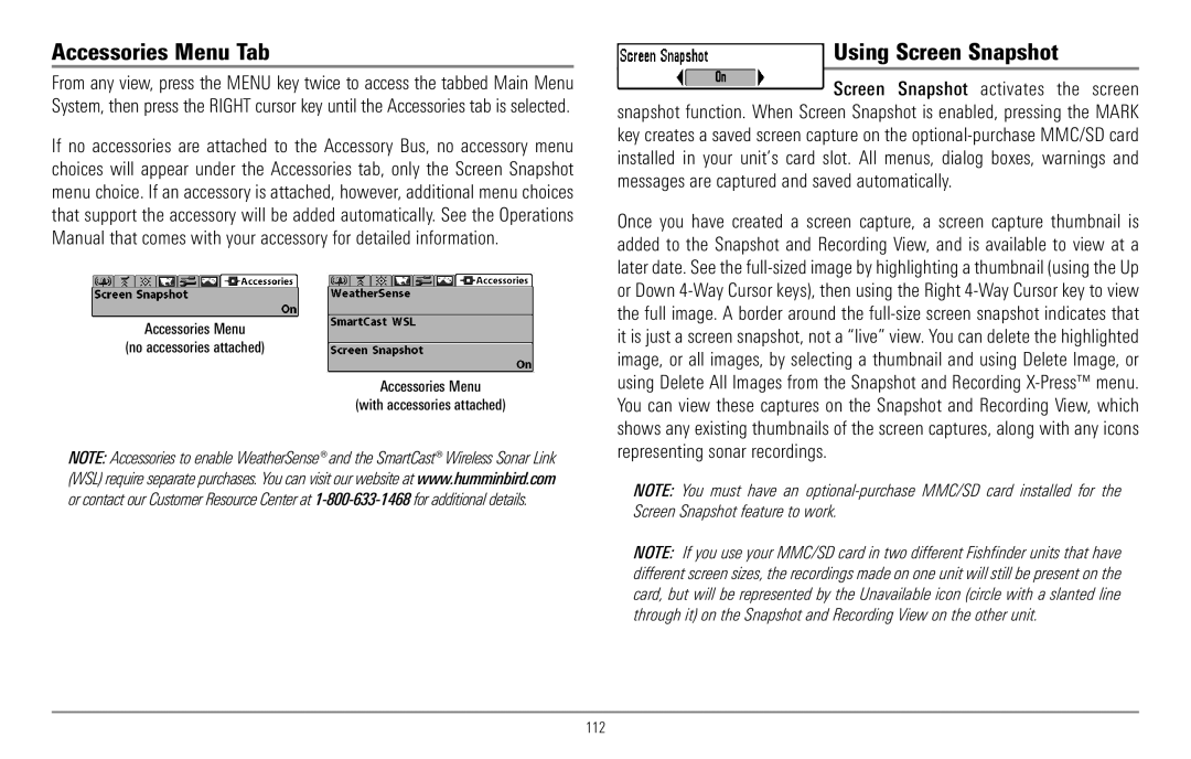 Humminbird 967C manual Accessories Menu Tab, Using Screen Snapshot 