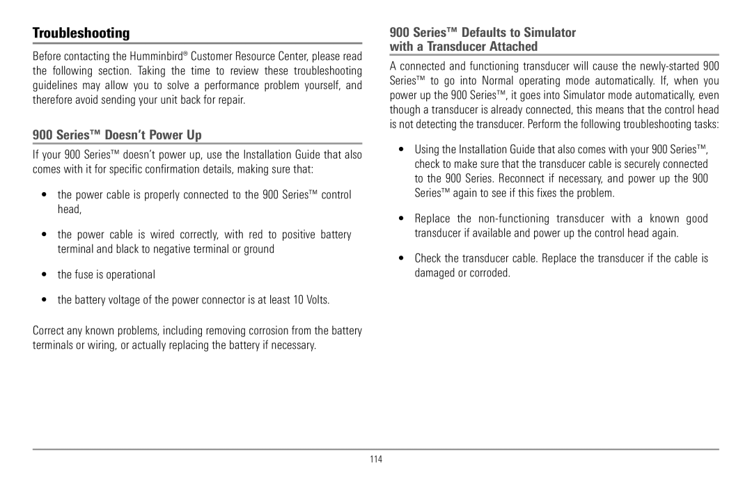 Humminbird 967C manual Troubleshooting, Series Doesn’t Power Up, 114 
