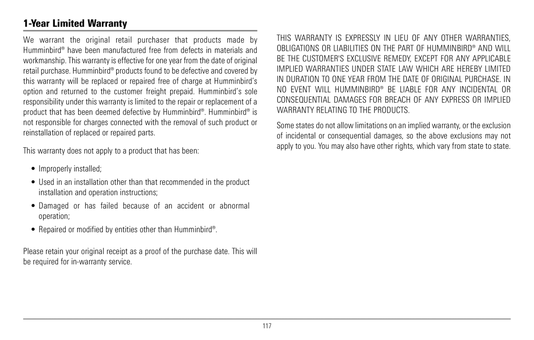 Humminbird 967C manual Year Limited Warranty, 117 