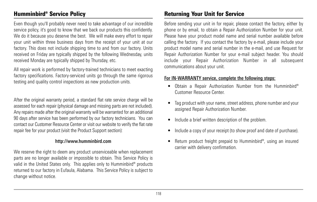 Humminbird 967C manual Humminbird Service Policy, Returning Your Unit for Service, 118 