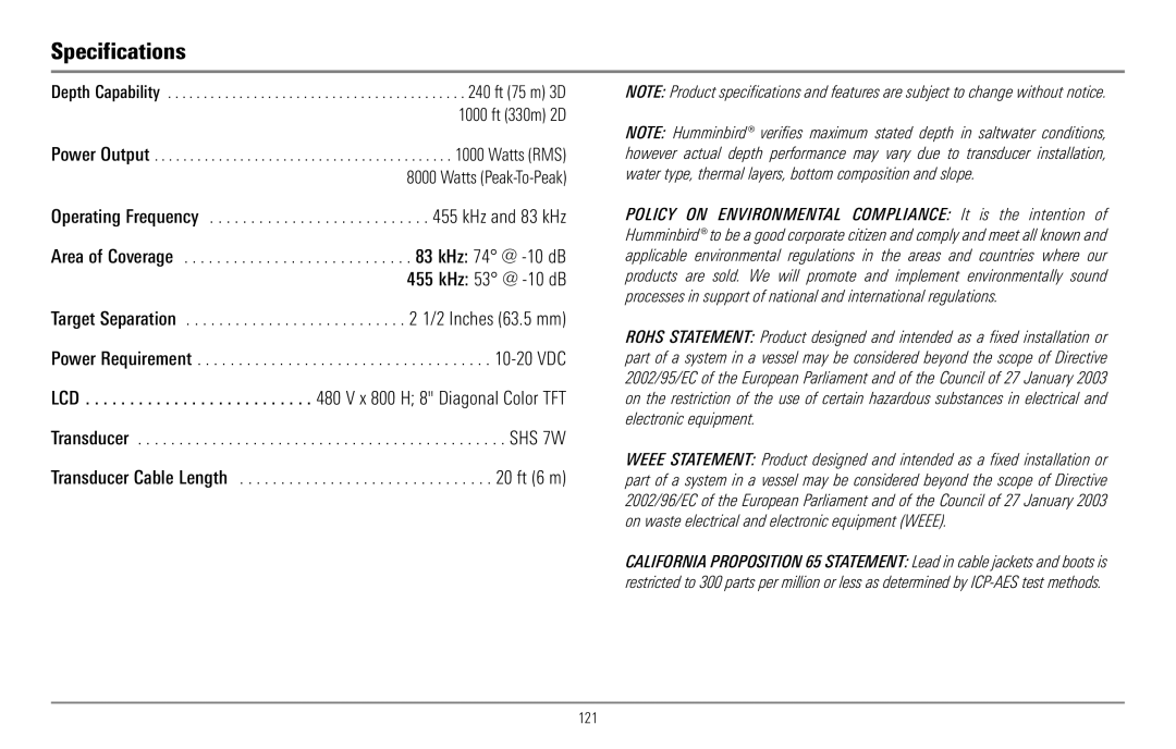 Humminbird 967C manual Specifications, Area of Coverage kHz 74 @ -10 dB 455 kHz 53 @ -10 dB, 121 