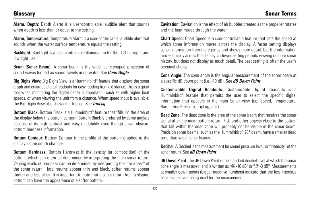 Humminbird 967C manual Glossary, 122 