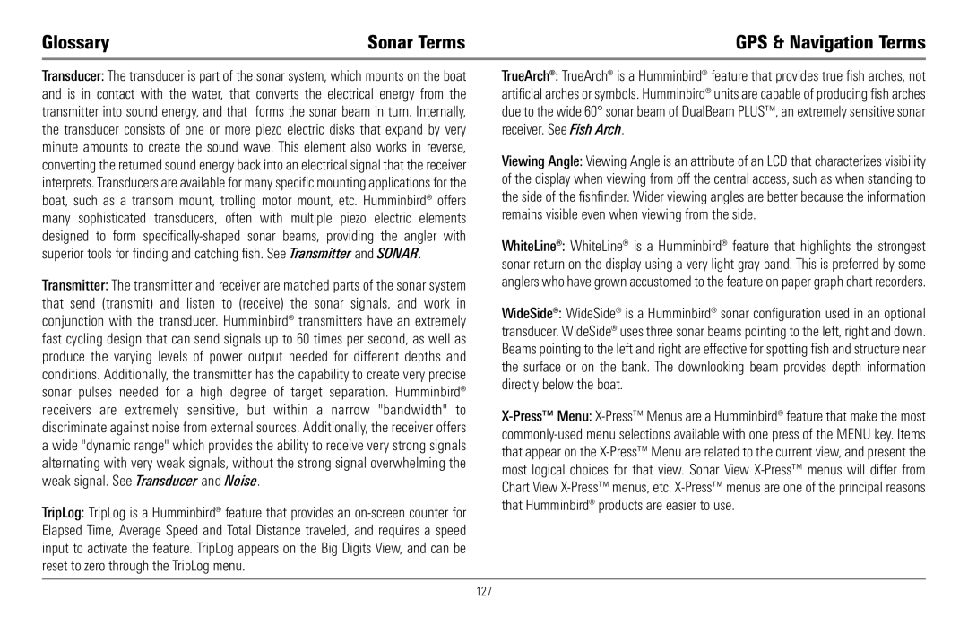 Humminbird 967C manual Glossary Sonar Terms, 127 