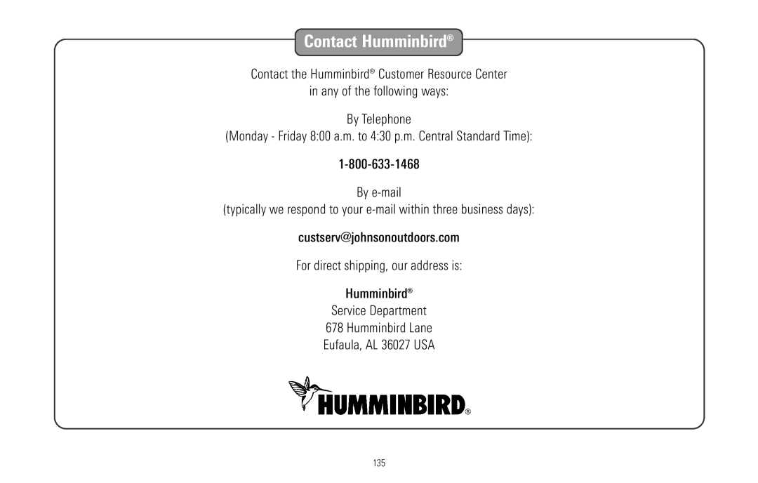 Humminbird 967C manual Contact Humminbird, 135 