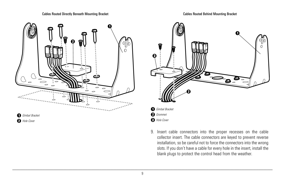 Humminbird 967C manual Cables Routed Directly Beneath Mounting Bracket, Cables Routed Behind Mounting Bracket 